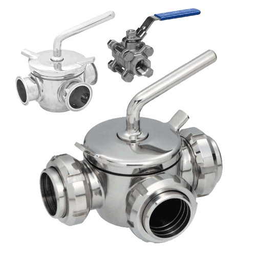 Three-way valve for dairy and food-processing applications
